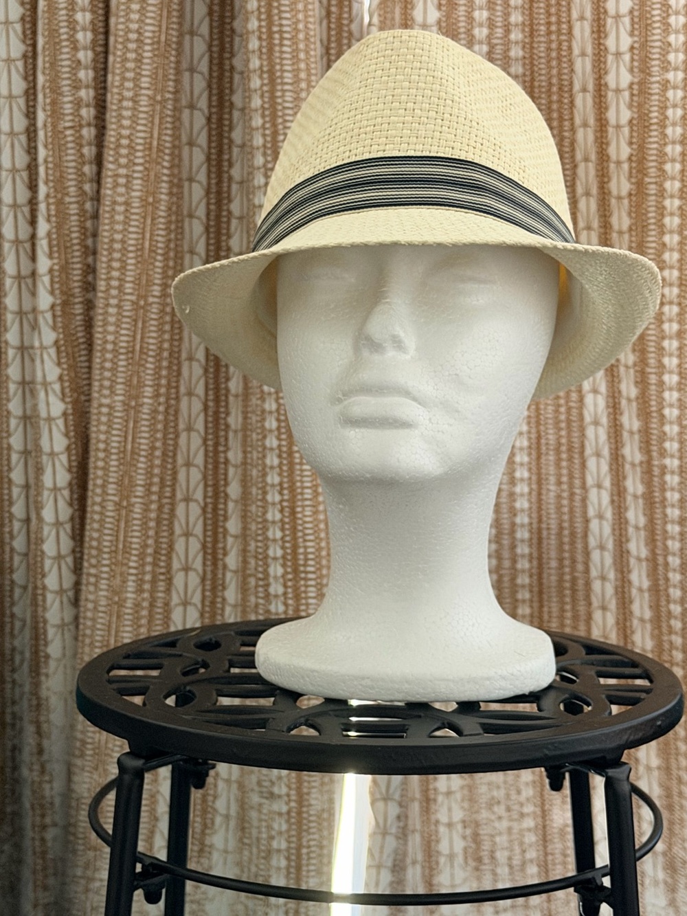 Cream Straw Fedora with Black-Striped Band
